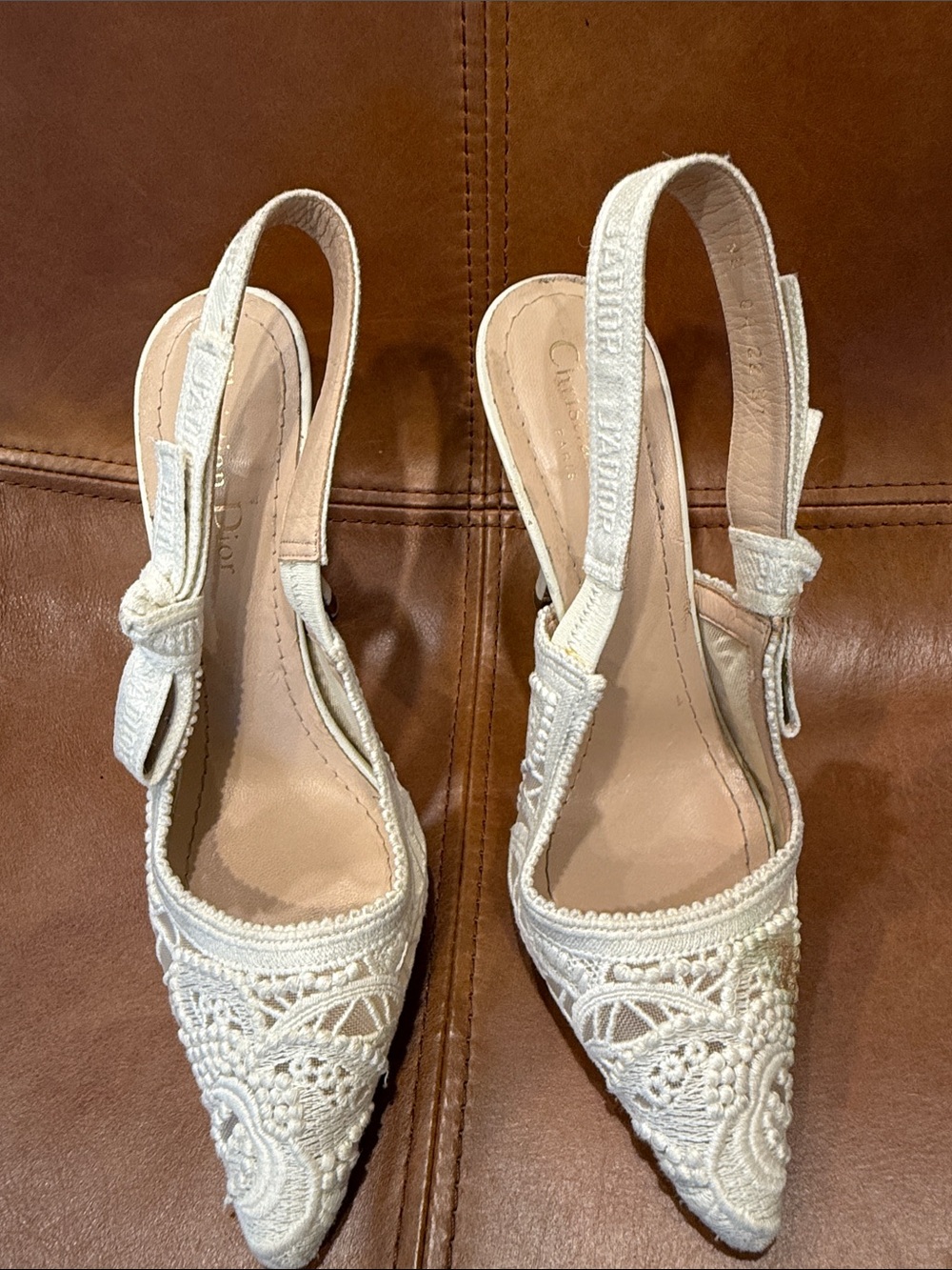 Authentic Christian Dior J'Adior slingback pumps in white lace/mesh Sz 37